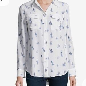 Equipment Slim Signature Silk Cactus Print Blouse White Blue LG